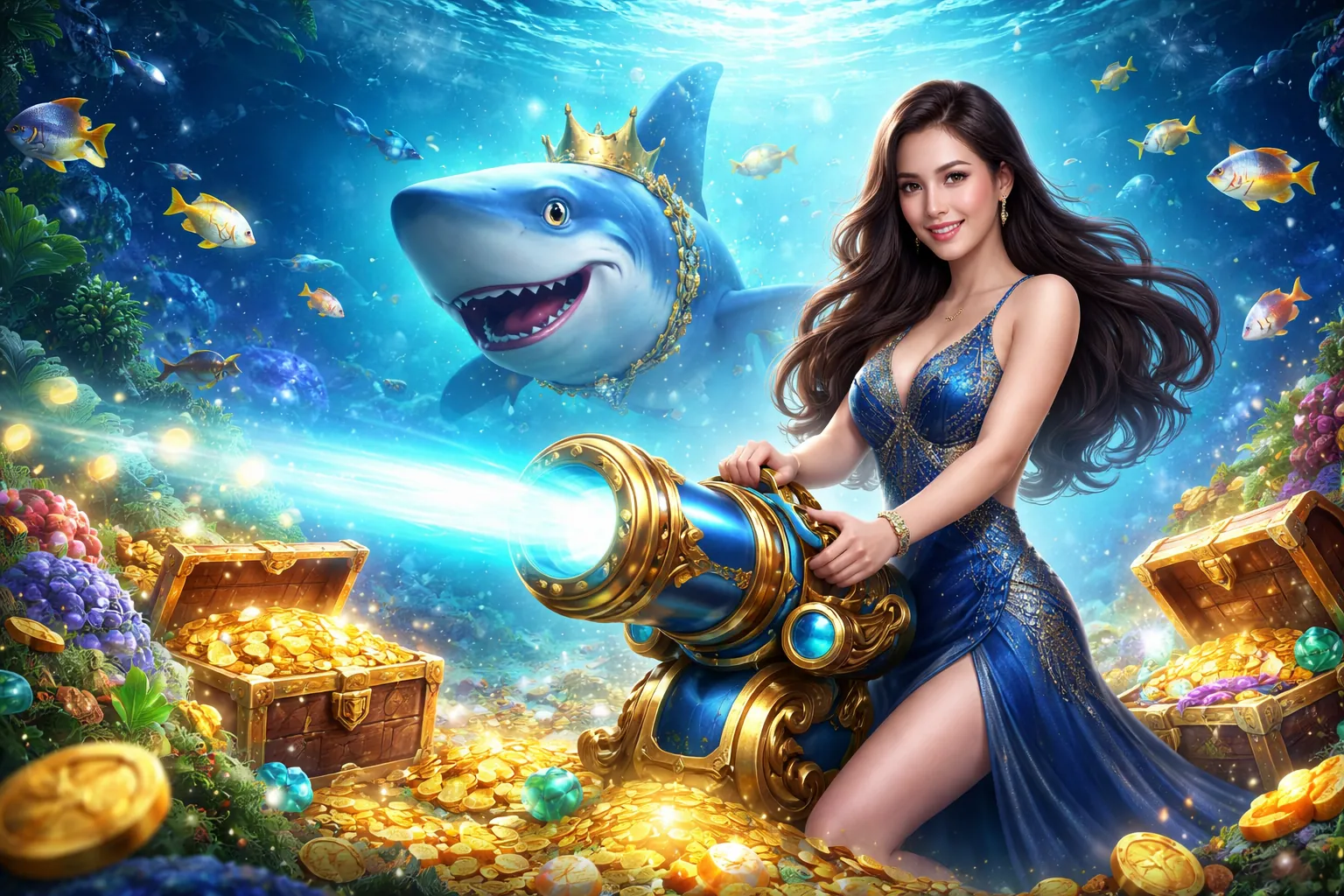 Hình ảnh trò chơi bắn cá Luck8885 với cá lớn và hiệu ứng đẹp mắt